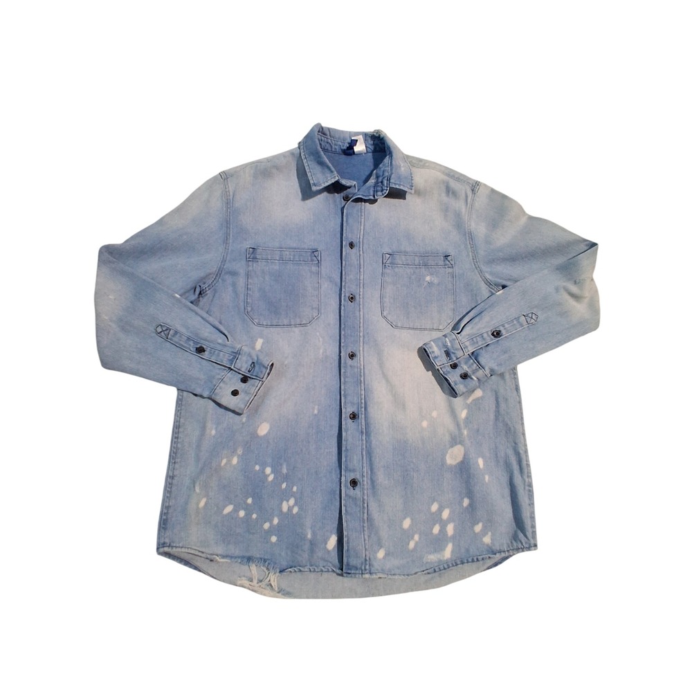 H&M Divided Thrashed Distressed Mens size Medium Grunge‎ Prep Denim Button Shirt